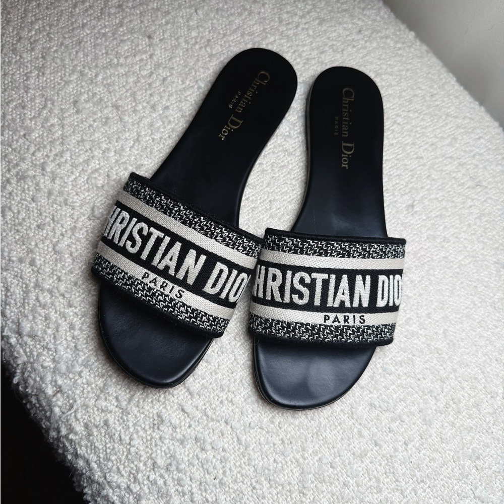 Christian Dior Black and Cream Logo Slide Sandals